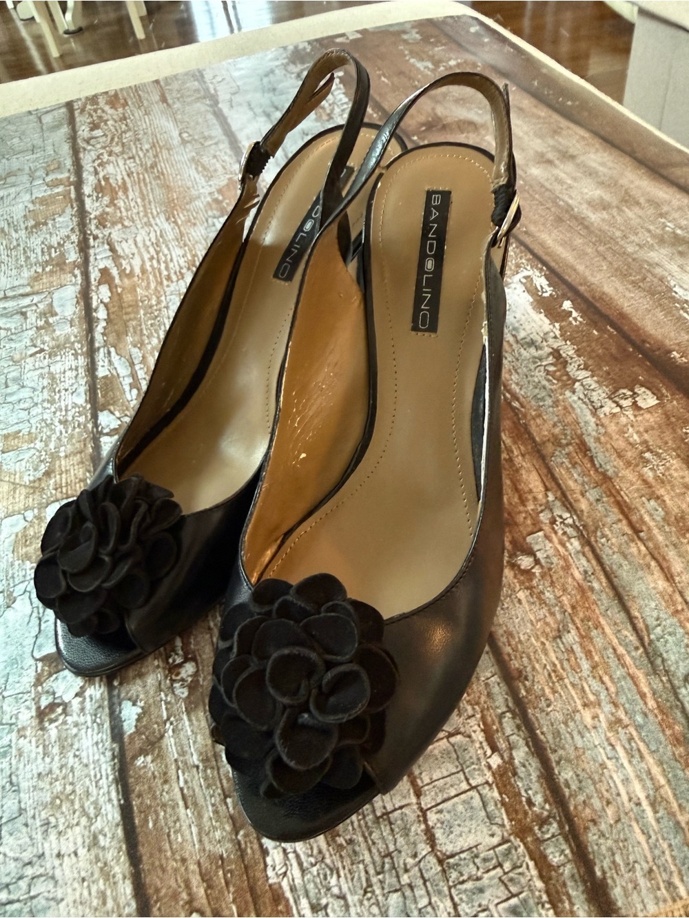 Bandolino Black Peep-Toe Slingback Heels with Floral Accent Size 9.5 M